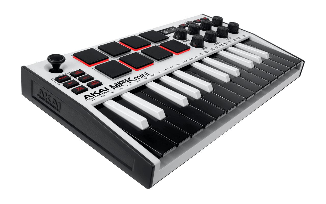 Akai Professional Clavier-maître USB 25 mini touches, 8 pads et encodeurs, écran LED - Blanc